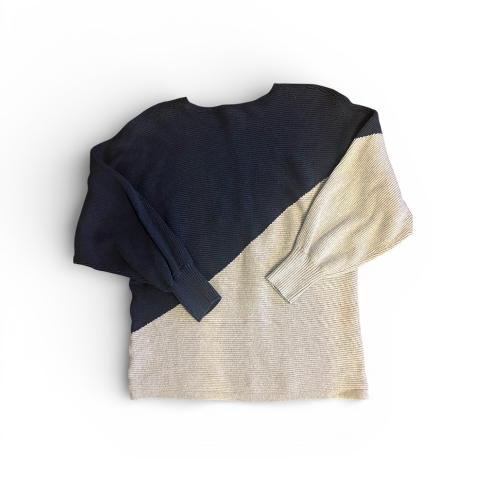 Vince Camuto Navy Beige Colorblock Ribbed Dolman Sleeve Knit Sweater Women Small - Picture 4 of 5